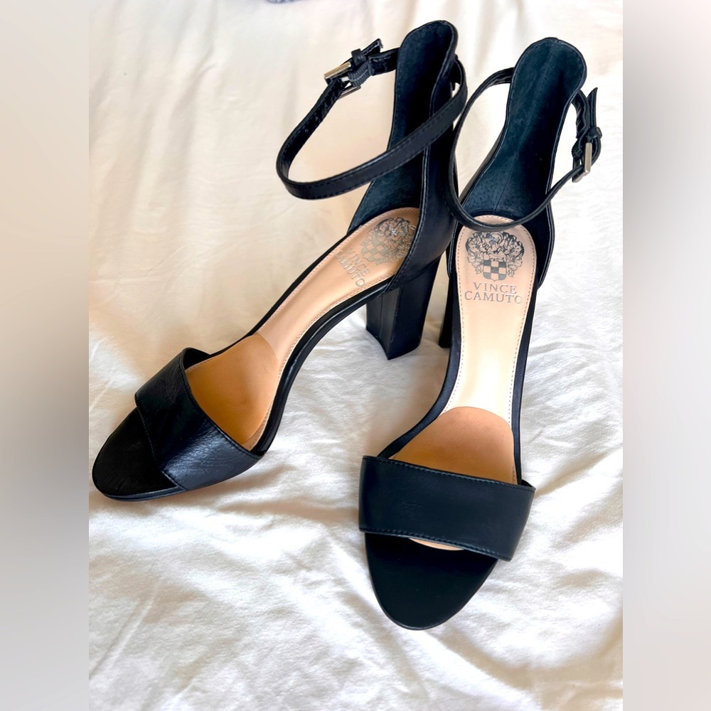 Vince Camuto Driton Women Sandal 7 1/2 M Black Heel Ankle Strap Leather Open Toe